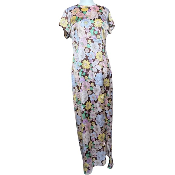 ASOS Women's Floral Maxi Dress Pink Brown Yellow Green Short Sleeve Stretch SZ 8 - Picture 1 of 10